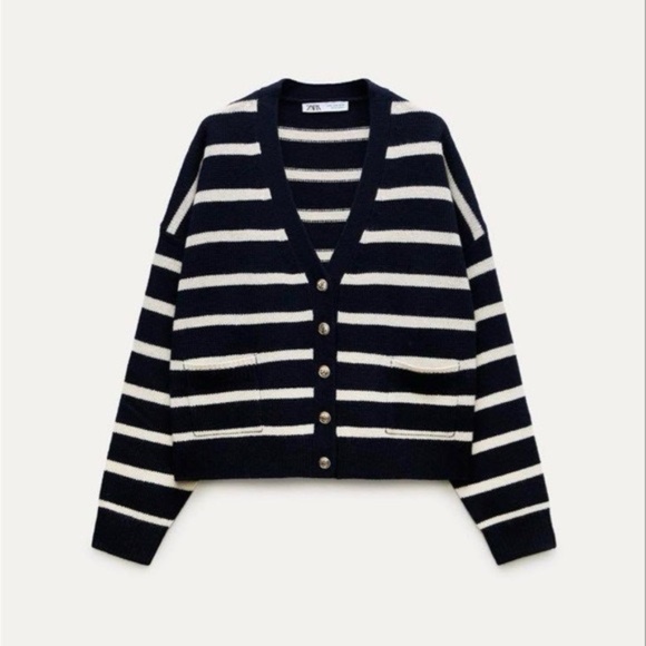 NWOT Zara Women's 100% Wool Navy & White Striped Academia Knit Cardigan - Picture 1 of 6